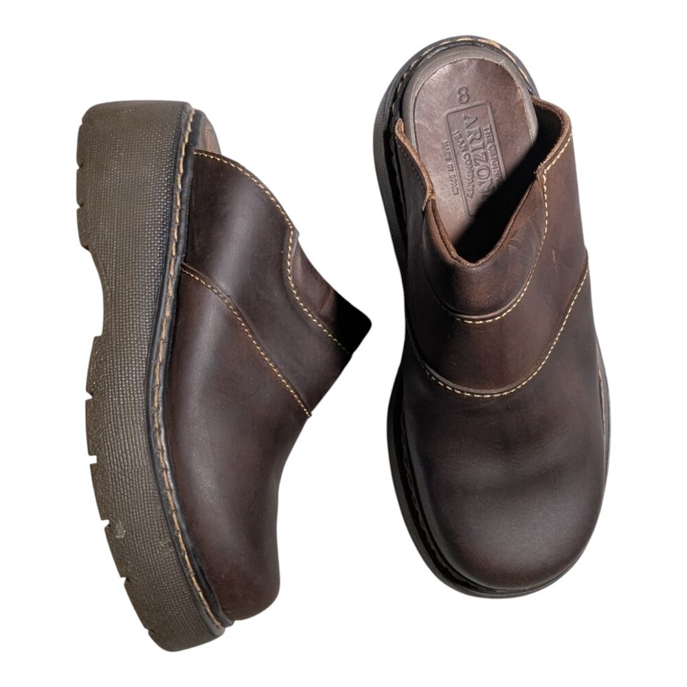 Vtg Y2K Arizona Jean Co Brown Leather Gum Sole Open Back Chunky Clogs Sz 8